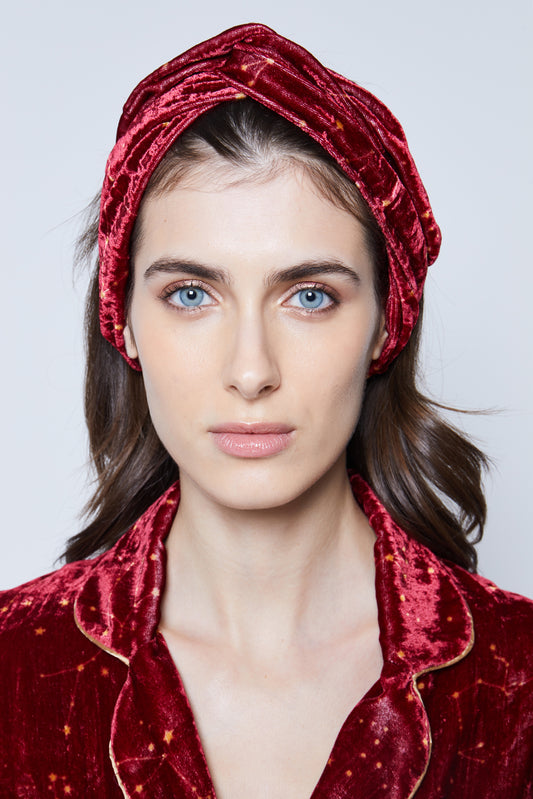 Knotted Ruby Red Print Velvet Headband