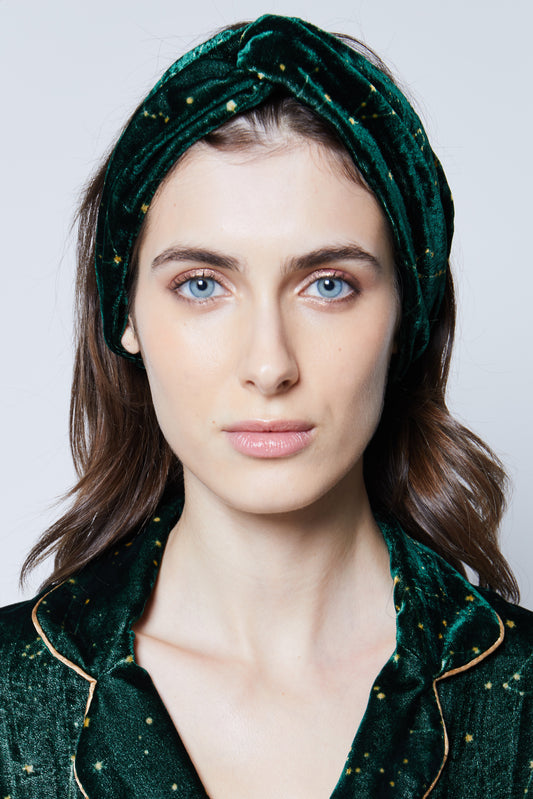 Knotted Emerald Green Print Velvet Headband