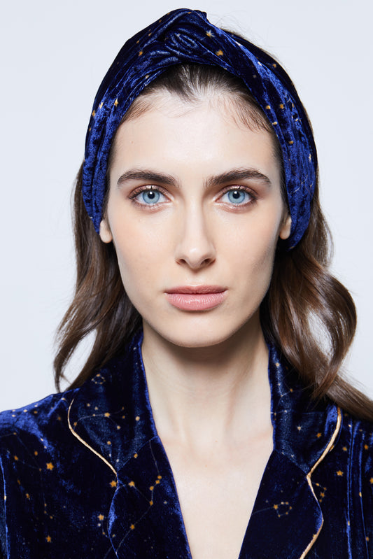 Knotted Sapphire Blue Print Velvet Headband